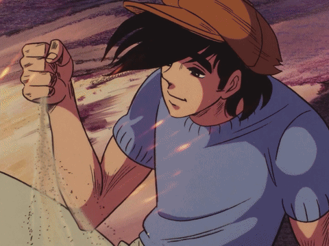 Man In Blue Shirt And Brown Hat Throwing Sand GIF