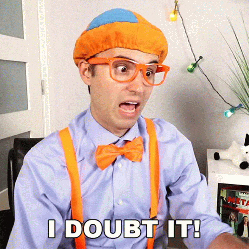 A Man In A Blue Shirt And Orange Suspenders Is Saying I Doubt It GIF