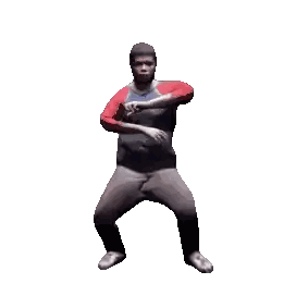 a man in a blue shirt and red sleeves is dancing in front of a white background .