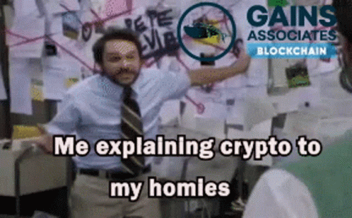 a man in a blue shirt and tie is explaining crypto to his homles