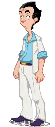 a man in a blue shirt and white pants is pointing at something