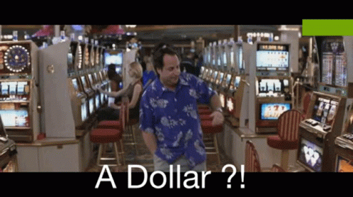 A Man In A Blue Shirt Is Dancing In A Casino With The Words " A Dollar ? " Below Him GIF