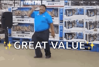 A Man In A Blue Shirt Is Dancing In A Store With The Words `` Great Value '' Behind Him . GIF