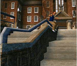 A Man In A Blue Shirt Is Doing A Trick On A Railing GIF