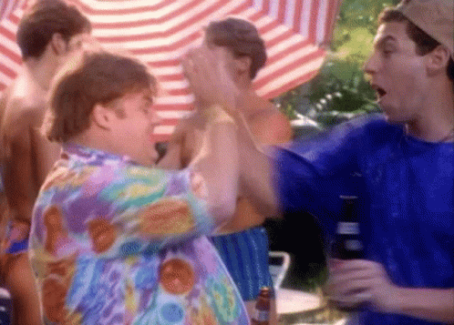 A Man In A Blue Shirt Is Holding A Bottle Of Budweiser And Giving Another Man A High Five GIF