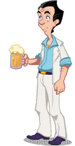 a man in a blue shirt is holding a mug of beer