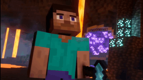 A Man In A Blue Shirt Is Holding A Sword In A Minecraft Game GIF