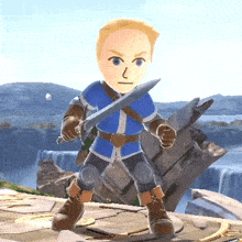A Man In A Blue Shirt Is Holding A Sword In A Video Game GIF
