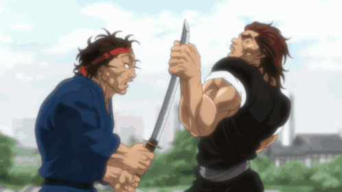 A Man In A Blue Shirt Is Holding A Sword While Another Man In A Black Shirt Is Holding A Sword GIF