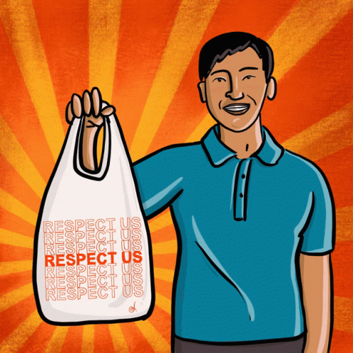 A Man In A Blue Shirt Is Holding A White Bag That Says Respect Us GIF