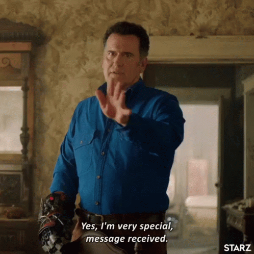 A Man In A Blue Shirt Is Saying " Yes I 'M Very Special Message Received " GIF