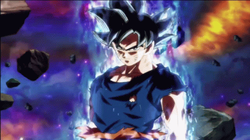A Man In A Blue Shirt Is Standing In Front Of A Purple And Orange Background . GIF