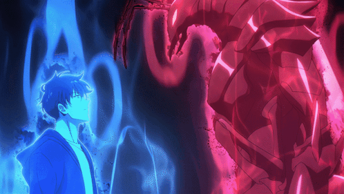 a man in a blue shirt is standing in front of a red dragon