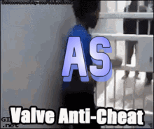 A Man In A Blue Shirt Is Standing In Front Of A Wall With The Words As Valve Anti-Cheat GIF