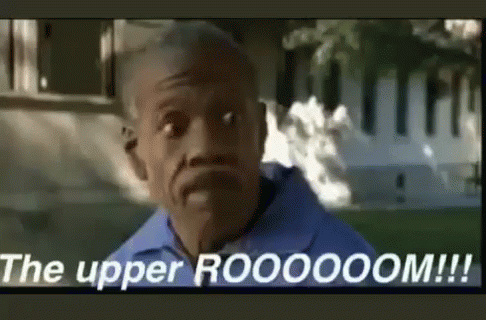 A Man In A Blue Shirt Is Standing In Front Of A White House And Says `` The Upper Rooooom ! '' GIF