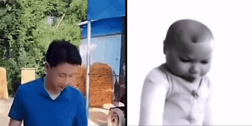 a man in a blue shirt is standing next to a baby with a hole in his head .