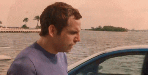 A Man In A Blue Shirt Is Standing Next To A Car Near The Water GIF