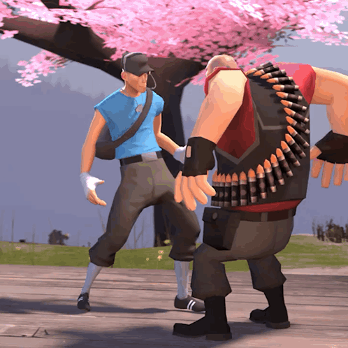 A Man In A Blue Shirt Is Standing Next To A Man With A Bullet Belt On His Back GIF