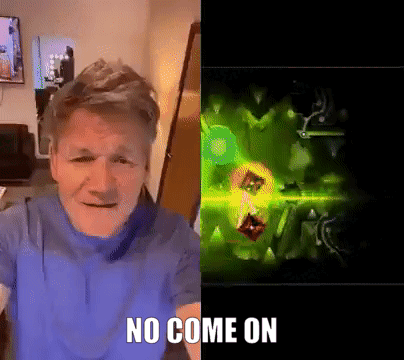 A Man In A Blue Shirt Is Standing Next To A Video Game Screen That Says No Come On . GIF