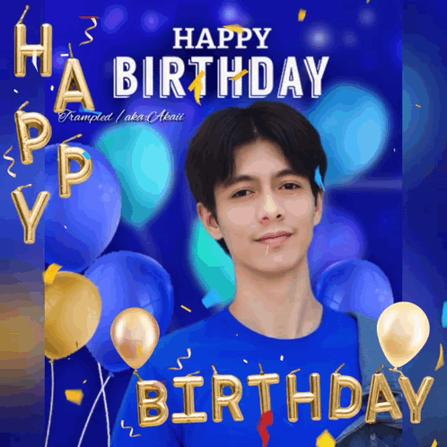 A Man In A Blue Shirt Is Surrounded By Blue And Gold Balloons And Confetti And Says Happy Birthday GIF