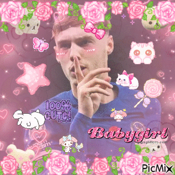 A Man In A Blue Shirt Is Surrounded By Pink Flowers And The Words Baby Girl GIF