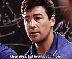 A Man In A Blue Shirt Is Talking About Clear Eyes Full Hearts Can 'T Lose . GIF