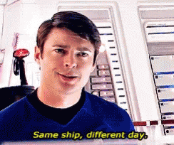 a man in a blue shirt is talking about the same ship different day .