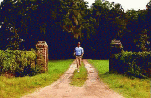 A Man In A Blue Shirt Is Walking Down A Dirt Road Surrounded By Trees GIF