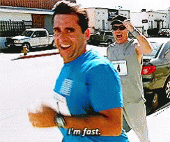 A Man In A Blue Shirt Says " I 'M Fast " While Running GIF