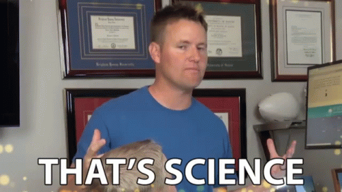 A Man In A Blue Shirt Says That 'S Science In Front Of A Wall Of Framed Diplomas GIF