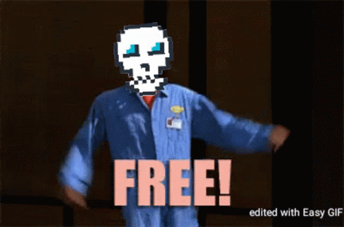 A Man In A Blue Shirt With A Skull On His Head And The Words Free GIF