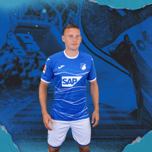 A Man In A Blue Shirt With The Word Sap On The Front GIF