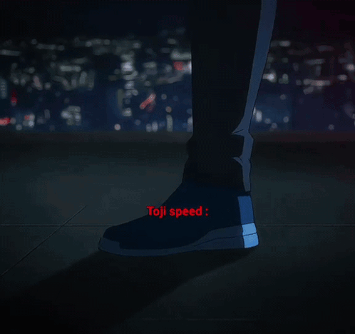 A Man In A Blue Shirt With The Word Toji Speed Written On The Bottom GIF