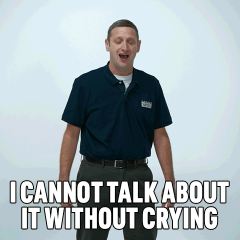 A Man In A Blue Shirt With The Words " I Cannot Talk About It Without Crying " On The Bottom GIF