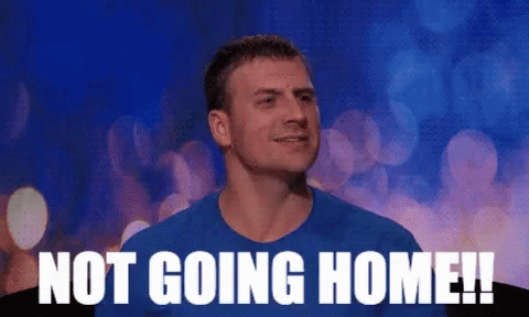 A Man In A Blue Shirt With The Words Not Going Home Written On It GIF