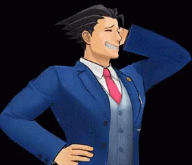 A Man In A Blue Suit And Red Tie Is Smiling With His Hand Behind His Head . GIF