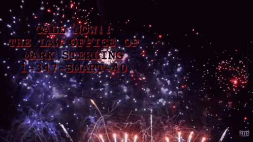 A Man In A Blue Suit And Red Tie Stands In Front Of Fireworks And Says Call Now At The Law Office Of Mark Sterling GIF