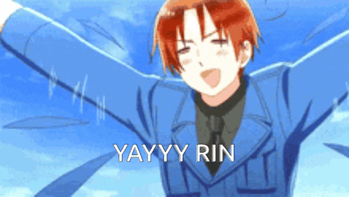 A Man In A Blue Suit And Tie With His Arms Outstretched And The Words Yayyy Rin Below Him GIF