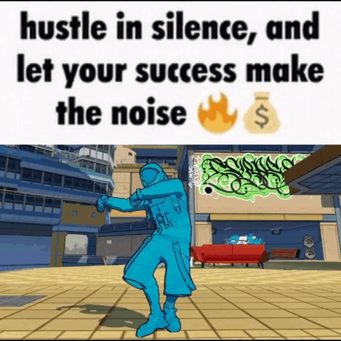 A Man In A Blue Suit Is Dancing In A Video Game With The Words Hustle In Silence And Let Your Success Make The Noise Bel GIF