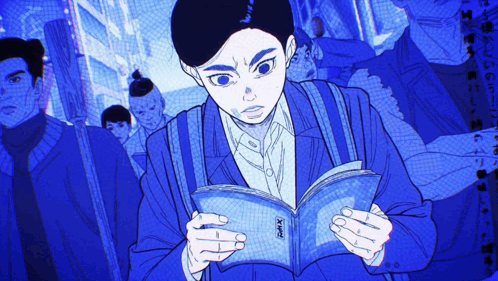 a man in a blue suit is reading a book with the word x on it