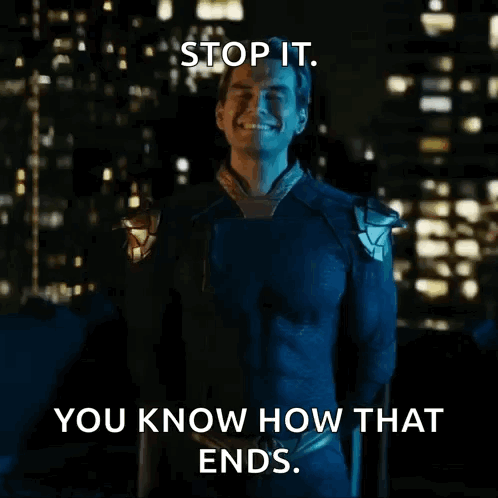 A Man In A Blue Suit Is Smiling And Says Stop It You Know How That Ends GIF