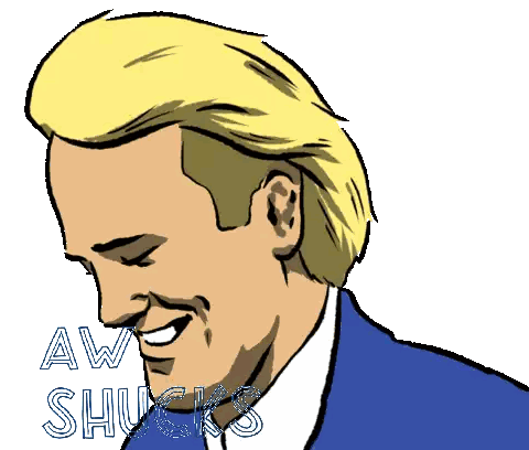 a man in a blue suit is smiling with the words aw shucks behind him