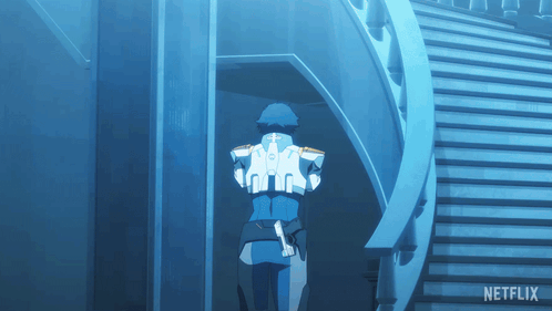 A Man In A Blue Suit Is Walking Down A Set Of Stairs With Netflix Written On The Bottom GIF