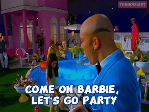 A Man In A Blue Suit Says Come On Barbie Let 'S Go Party In Front Of A Pool GIF