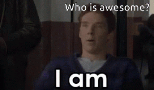 A Man In A Blue Sweater Is Asking Who Is Awesome . GIF
