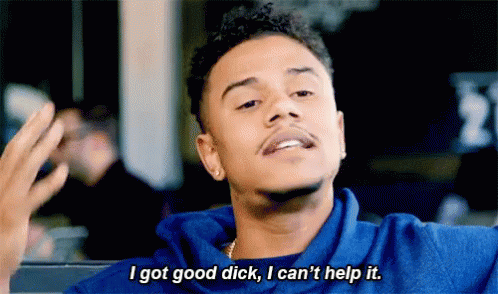 a man in a blue sweatshirt is saying `` i got good dick , i can 't help it '' .