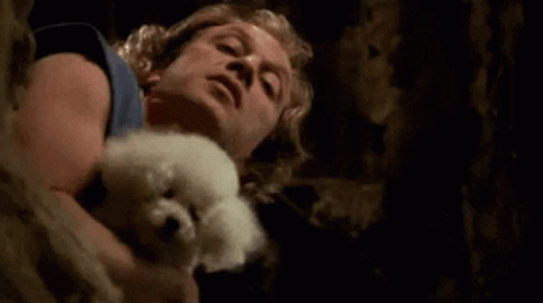 a man in a blue tank top is holding a small white dog in his arms .