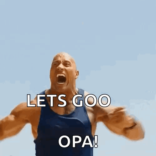 A Man In A Blue Tank Top Is Screaming And Saying Let 'S Go ! Opa ! GIF