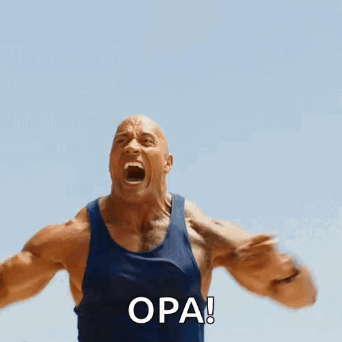 A Man In A Blue Tank Top Is Screaming With The Word Opa Written On The Bottom GIF
