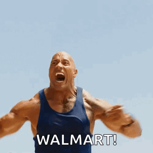 A Man In A Blue Tank Top Is Screaming With The Word Walmart Written Below Him GIF